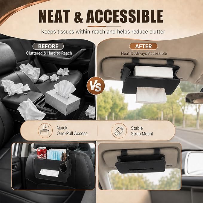 Car Tissue Holder, Leather Rectangular Car Backseat Napkin Storage Box, Multifunctional Vehicle Interior Tissues Organizer Accessories for Keep Auto Tidy (Black) - Image 4