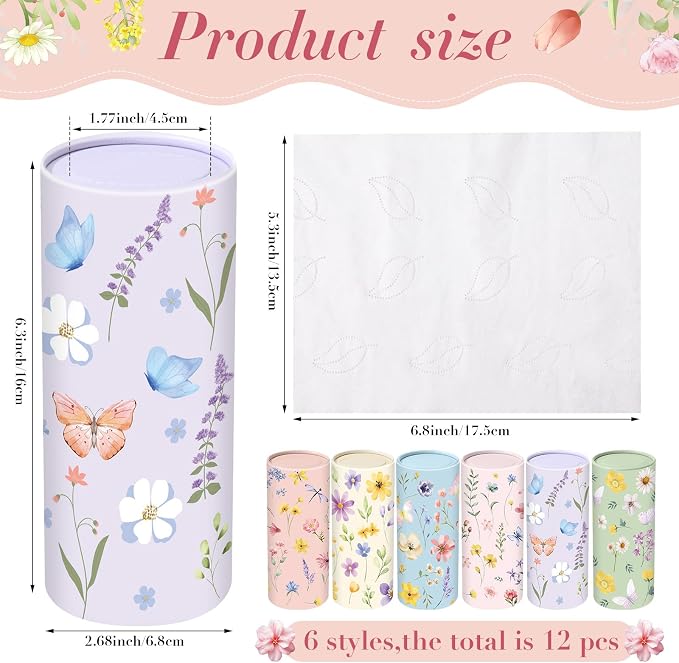 Outus 12 Pcs Floral Car Tissue Holder Cylinders with 3 Ply Facial Tissue Bulk, Portable Paper Dispenser for Cup Holder, Travel Bathroom Table Decor, Tissues Boxes Container for Home Office Party - Image 2