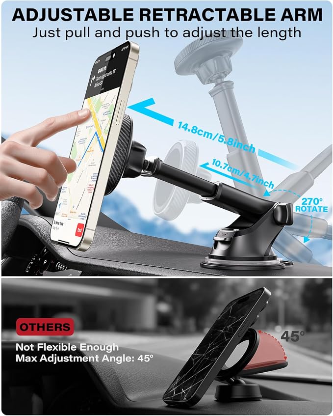 APPS2Car for MagSafe Car Phone Mount for iPhone, Magnetic Windshield Dashboard Holder with Telescopic Arm and Strong Suction Cup, Compatible with iPhone 17/16/15/14/13/12 MagSafe Cases - Image 5