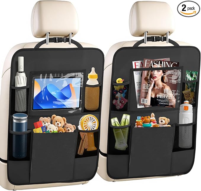 2 Pack Car Backseat Organizer with Touch Screen Tablet Holder,6 Storage Pockets Protectors Kick Mats,Car Back Seat Cover Protector Travel Accessories for Kids by Unknown
