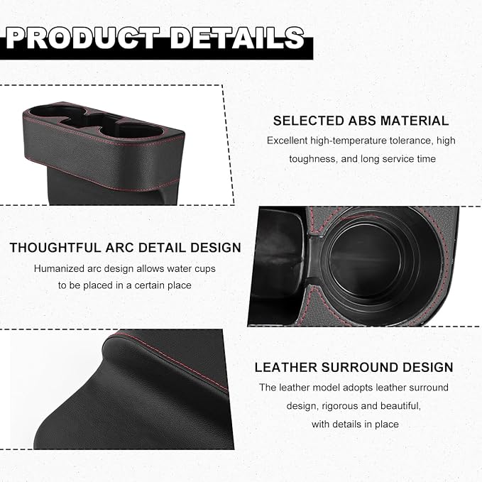 Car Seat Gap Filler Organizer, Multifunctional Auto Console Side Storage Box with Cup Holder, Universal Leather Cup Holder Front Seat Crevice Filler for Car Truck SUV (Black) - Image 3