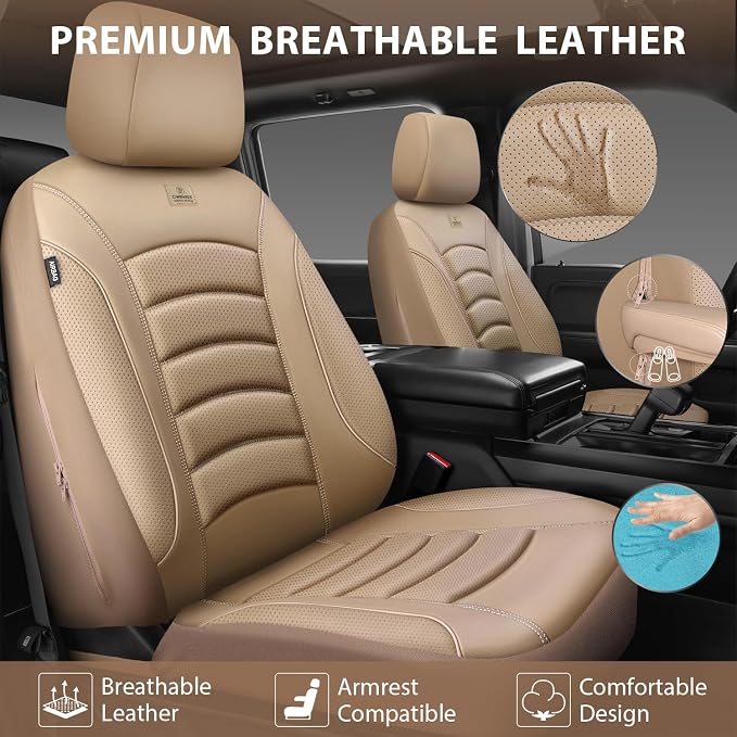 CAR PASS 3D Foam PU Leather Car Seat Covers, Universal Seat Covers Front 2 for Trucks SUV Sedan Automotive Seat Covers Armrest Airbag Compatible Waterproof Comfortable Faux Nappa Leather All Beige - Image 5