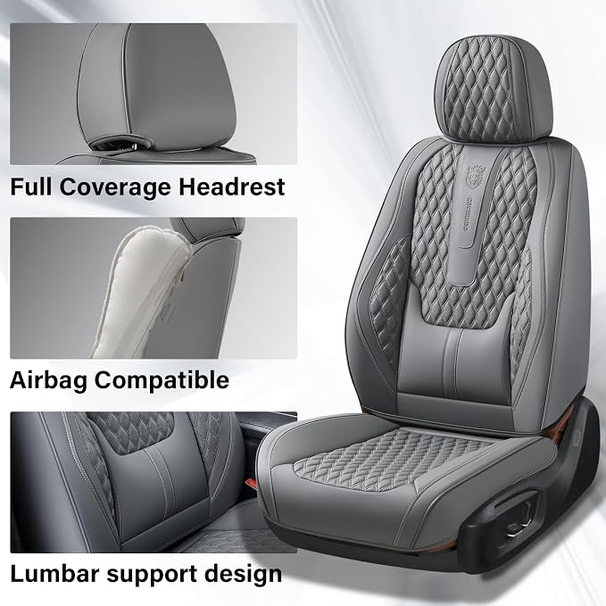Coverado Car Seat Covers Full Set, Nappa Leather Seat Covers for Car, Waterproof Car Seat Protector with Lumbar Support, Automotive Seat Covers Universal Fit for Most Cars SUV Trucks (Gray) - Image 3