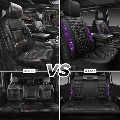 CAR PASS Bling Diamond Leather Car Seat Covers Full Seats Interior Sets, Waterproof Shining Glitter Sparkly Crystal Universal Armrest Fit Automotive Truck SUV Cute Women Girl, Black Purple Rhinestone - Image 6