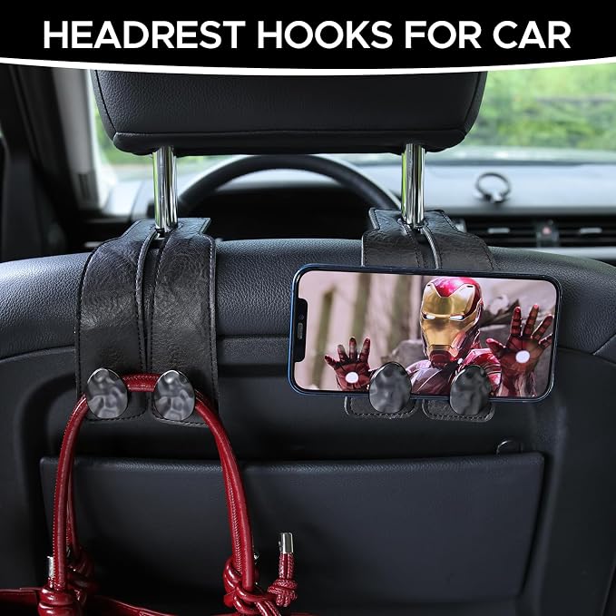 Leather Car Purse Hook for Headrest, 4 Pack (Black-Black) | Twin Hooks Headrest Hangers, 2/4 Pack, No-Slip, Scratch-Proof, Holds Purses, Backpacks, Grocery Bags, Car Organizer Gift - Image 3