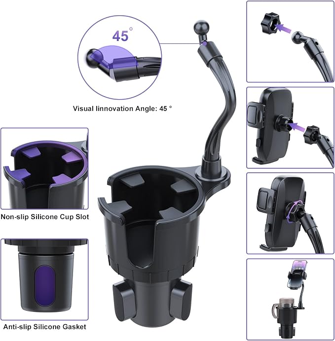 JINKEY Cup Holder Phone Mount, 360°Rotation Gooseneck Car Cup Holder Expander with Cell Phone Holder with Adjustable Base Phone Cup Holder for Car Compatible with iPhone & All Smartphones - Image 6
