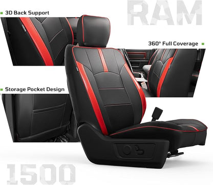 Seat Covers Custom Fit for Dodge 2009-2018 Ram 1500 Crew Cab,Black/Red | Custom Fit Faux Leather Full Set,Waterproof & Wear-Resistant,Fits for 4th Gen Ram 1500 Big Horn/SLT/Lone Star,Easy to Clean - Image 3