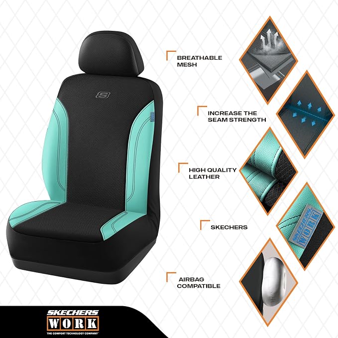 Skechers Work Seat Covers, Leather Car Seat Covers 5-Times Stronger Built-in Webbing, Oxford Fabric Seat Cover Full Sets, Airbag Compatible, Automotive Comfort for Cars, Trucks, SUVs,Mint - Image 3