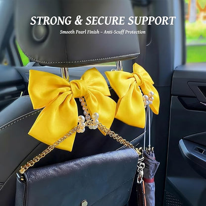 2 PCS Bow Pearl Car Seat Headrest Hook – Cute Purse Hook for Car, Girly Interior Decoration Accessories Hook Hanger, Seatback Holder for Purses & Bags, Elegant Car Organizer (Sunshine Yellow) - Image 3