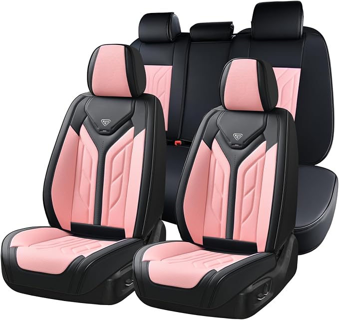 Coverado Car Seat Covers Full Set, Car Seat Protectors Leather Seat Covers for Cars, Automotive Seat Covers Car Accessories Universal Fit for Most Sedans SUV Pick-up Truck(Black&Pink) by COVERADOAUTO