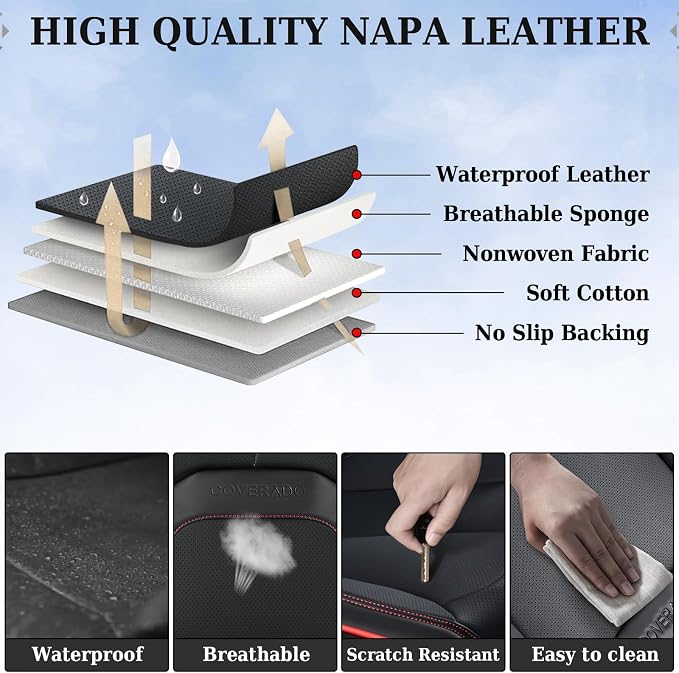 Coverado Car Seat Covers Front Seats, Waterproof Leather Seat Covers for Cars, Luxury Car Seat Covers with Lumbar Support, Car Seat Protector Driver Seat Covers Universal Fit Most Cars (Black&Red) - Image 6