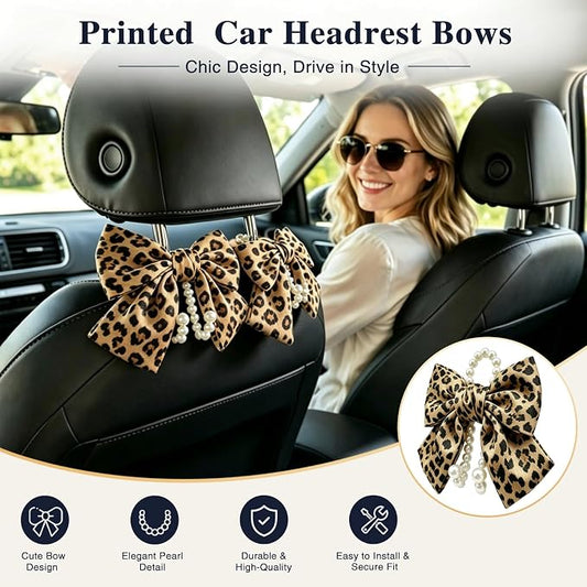 2 Pack Pearl Car Seat Headrest Hook with Bow & Sequin/Leopard/Polka Dot Design – Cute Purse Hanger for Vehicle,Grocery Bags, Umbrellas, Seat Back Organizer for Women (Leopard Print) - Image 2