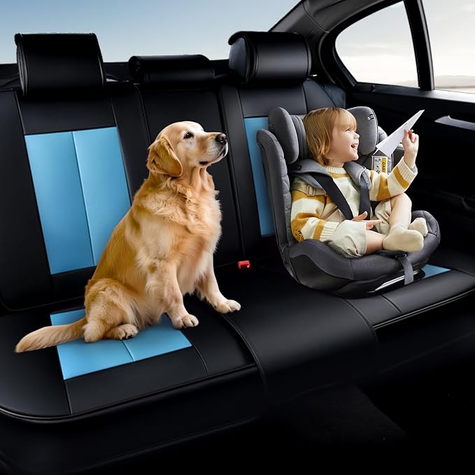 Coverado Back Leather Car Seat Covers for Trucks, Rear Seat Covers for Cars, Automotive Seat Covers Back Car Seat Cover, 3-Pieces Waterproof Nappa Leather Car Seat Cushion Protector, Black&Blue - Image 5