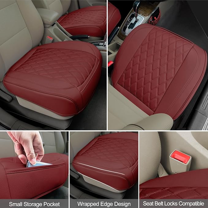 BEITK 2 Pack Leather Front Car Seat Bottom Covers Red | PU leather,Waterproof, Full Wrap, Non-slip, with Storage Pocket, Universal Fit for Sedan Truck SUV, Easy to Install - Image 4