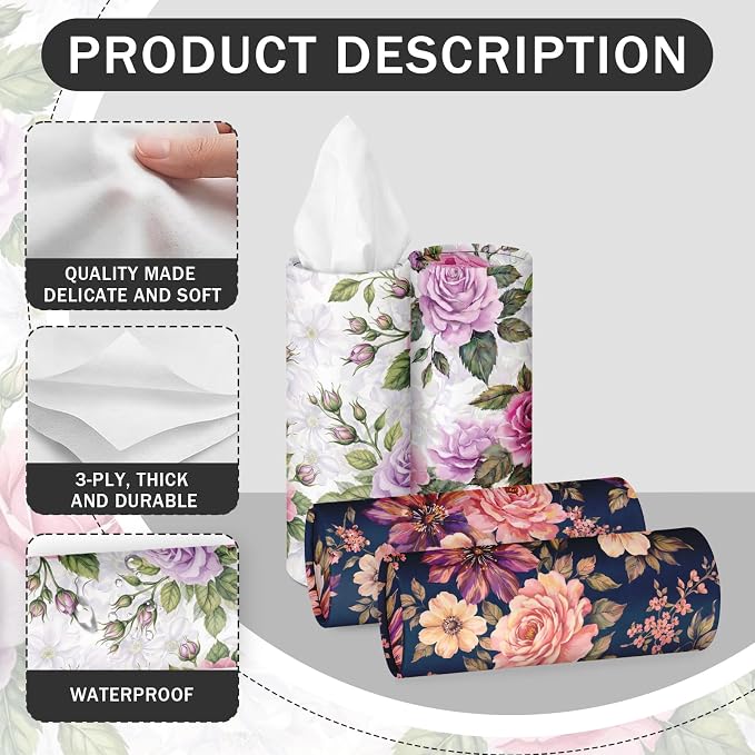 Arttown Car Tissue Holder for Cup Holder Facial Tissues 12 Pack Floral Pink | Flowers Bulk 3-Ply,Refillable Marble Print Cylinder Tissue Boxes,Fit Car Home Office School (600 Sheets Total,50 Sheets Each) - Image 3