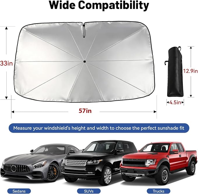 Foldable Car Windshield Sun Shade Umbrella with Rearview Mirror Notch, Titanium Silver UV Blocker for Heat Reduction, Bendable Handle & Anti-Scratch Tips, Fits Sedan SUV (Large 57"x33") - Image 6