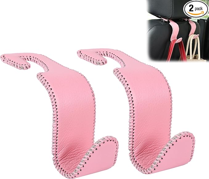 Car Seat Headrest Hook 55lb Heavy Duty Metal Hanger with Leather for Bags | Universal Fit car SUV Truck, Premium Microfiber Leather, Metal Core, Hang Purses Groceries Handbag Backpack, 2 Pack Pink by Amooca