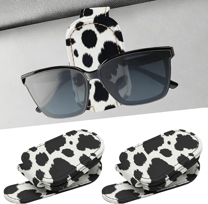 2 Pcs Sunglasses Holder for Car Visor, Black Cow Print, Leather | Strong Magnetic Sunglass Holder Hanger Clips, for Most Car Visors, Auto Interior Accessories, for Different Size Eyeglasses by Unknown