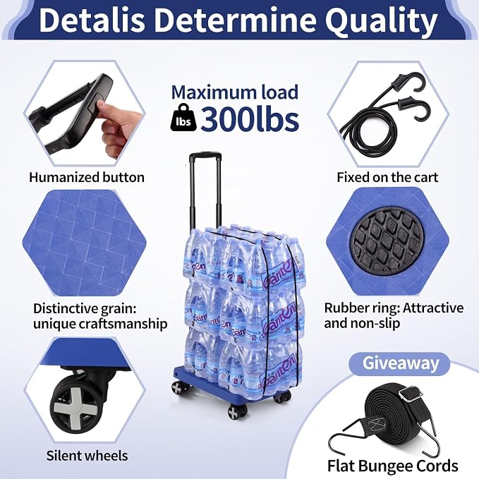 GtIiFmTe Foldable Hand Truck, Lightweight Luggage Cart for Airport Car Seat | Compact Folding dolly with Rotating swivel wheel,storage size12×15.7×4.1",300lbs Load,Upright Lock Handle with 3bungee cords - Image 4