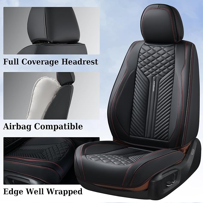 Coverado Car Seat Covers Full Set, 5 Seats Leather Seat Covers for Cars, Waterproof Front and Rear Car Seat Protectors Cushions Universal Fit Most Vehicles (Black) - Image 5