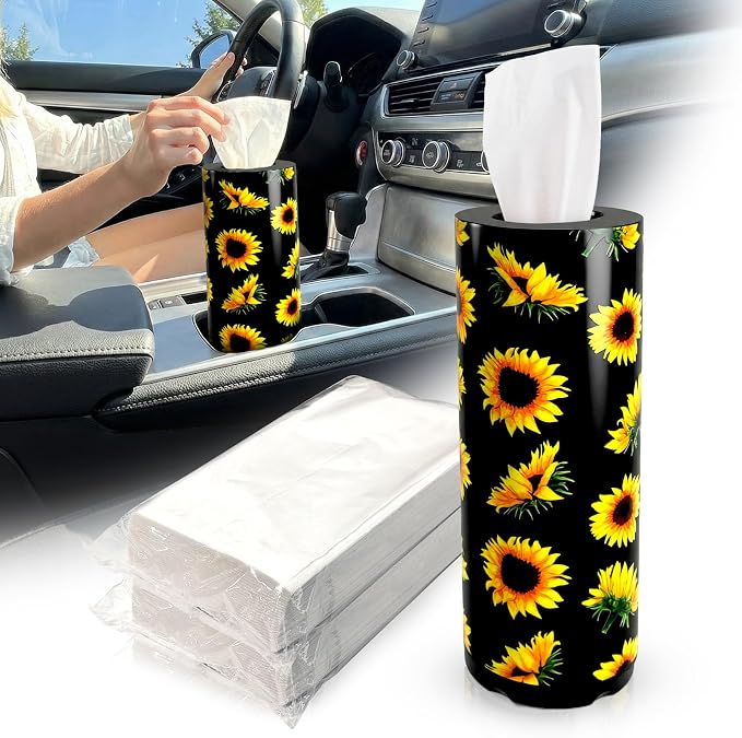 Car Tissues Cylinder for Cup Holder - Refillable Round Tissue Canister with 2 Packs Tissue - Cute Summer Floral Car Interior Accessories for Women & Men -Yellow Flower Decor (Sunflower) by Unknown