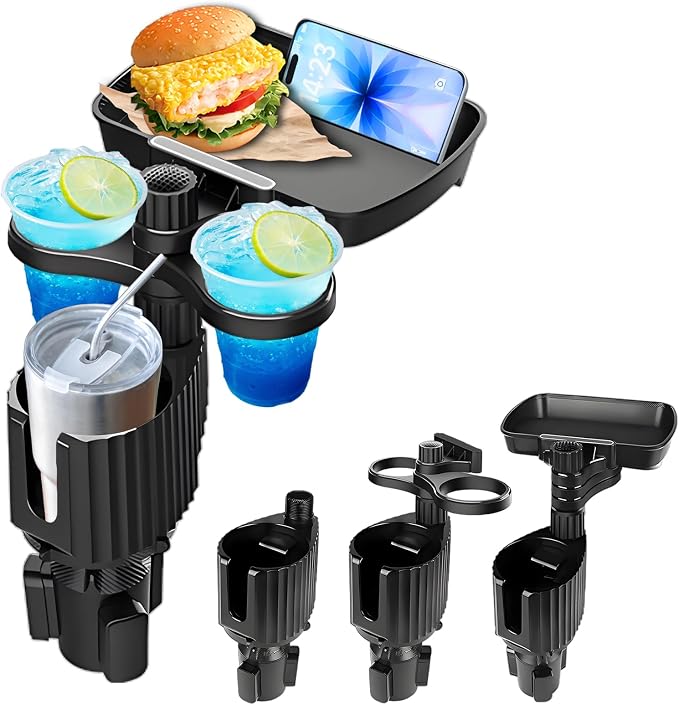 Car Cup Holder Tray - 4-in-1 Universal Car Cup Holder Expander with Snack Table and 3 Drink Mount for Automotive Road Trip, Driver and Front Passenger Organizer for Trucks, SUVs, Minivans by Figtacico