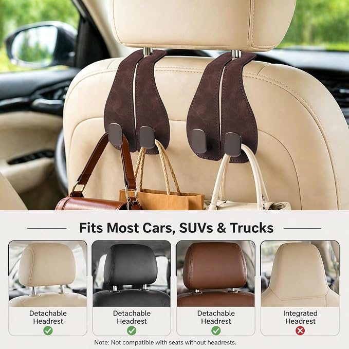 Car Seat Headrest Hook 2 Pack, Upgraded Metal Core with Soft Suede Wrap, 360° Rotating Car Backseat Hook Holder for Purses, Groceries, Coffee, 33 lbs Capacity, Universal Fit for Most Vehicles (brown) - Image 3
