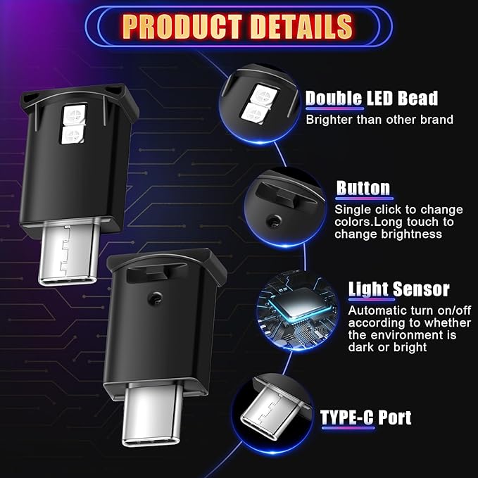 Frienda 2 Pieces Mini USB LED Car Light 8 Colors Atmosphere Lamp,Type C | Car LED Interior Lighting, 5v USB Atmosphere Light, Laptop Keyboard Office Decoration Night Lamp, Adjustable Brightness - Image 3
