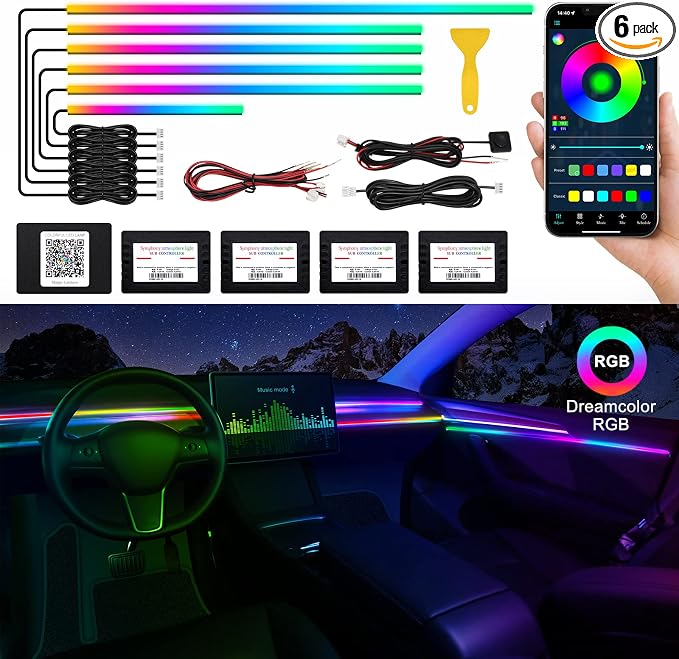 Acrylic Interior Car LED Strip Light with Wireless APP, RGB Dreamcolor 6 in 1 with 175 inches 593 LEDs Fiber Optic Ambient Lighting Kits, 16 Million Colors Sound Active Function Car Neon Lights by MAODANER