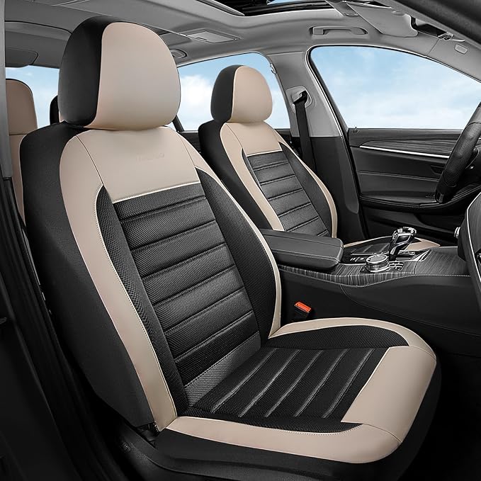 Coverado Car Seat Covers Front Seats, Luxury Leather Car Seat Covers, Automotive Mesh Seat Covers 2 Pack, Airbag-Compatible, Black Beige Seat Covers for SUV Sedan Truck by COVERADOAUTO