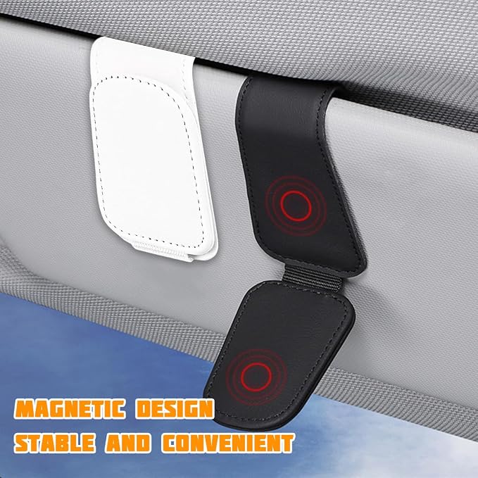 Sunglasses Holder for Car Visor, Microfiber Leather Magnetic Sun Visor Eyeglasses Hanger & Ticket Card Clip, Multi-Function Automotive Interior Glasses Mount, Universal Fit (White) - Image 3