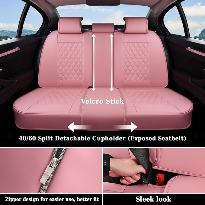 Coverado Full Set Car Seat Covers, Luxury Faux Leather Waterproof Seat Covers, Pink Car Seat Protectors, Universal Fit for Most Cars, Automotive Seat Covers-Pink - Image 3
