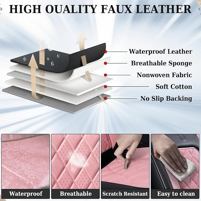 Coverado Leather Seat Covers, Car Seat Cover Front Seats, Waterproof Seat Covers, Luxury Faux Leather Car Seat Protectors, Black and Pink Car Seat Cover Universal Fit for Most Cars - Image 7