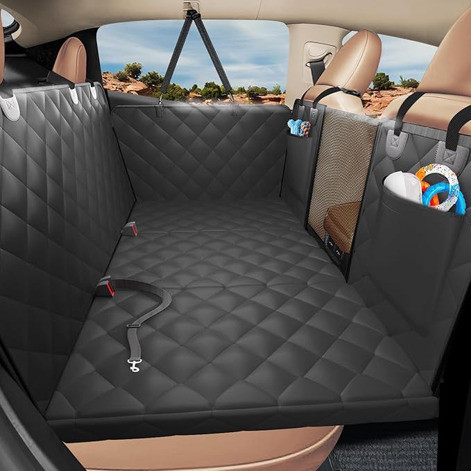 Hard Bottom Dog Car Seat Cover for Back Seat, with Egg Crate Foam | Backseat Extender, Dog Hammock for Cars, SUVs, Sedan, Holds 420lbs, Sturdy Oxford, Large Space, Soft Pet Car Bed, Waterproof by ROUWINNE
