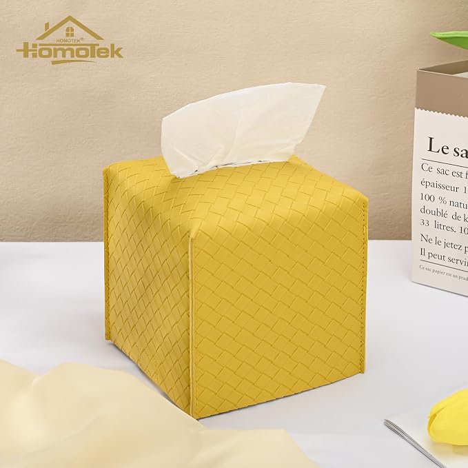 HOMOTEK 2 Pack Tissue Box Cover, Square PU Leather Tissue Holder, Decorative Facial Tissue Cube Paper Organizer Dispenser for Bathroom, Night Stands, Desk, Car 5X5X5'' - Woven Waffle,Mango Yellow - Image 3