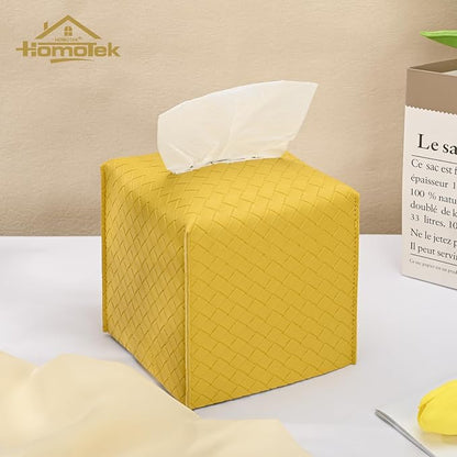 HOMOTEK 2 Pack Tissue Box Cover, Square PU Leather Tissue Holder, Decorative Facial Tissue Cube Paper Organizer Dispenser for Bathroom, Night Stands, Desk, Car 5X5X5'' - Woven Waffle,Mango Yellow - Image 3
