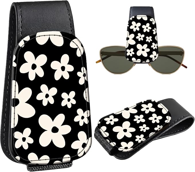 Leather Magnetic Sunglass Holder for Car Sun Visor, Cute Eyeglass Ticket Card Hanger Clip, Universal Auto Interior Accessories for SUV Pickup Truck, Black Flower by Unknown