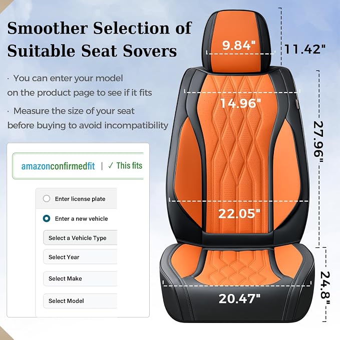 Coverado Front Seat Covers, Car Seat Protector, Waterproof Nappa Leather Cushion, Fit for Most Sedans SUV Pick-up Truck-Black&Orange - Image 5