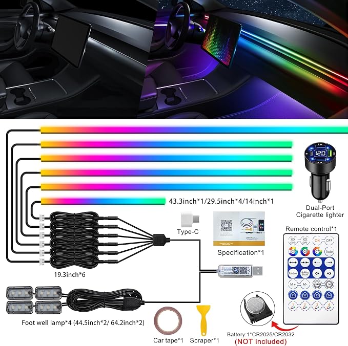 Dreamcolor Acrylic Interior Car LED Strip Light with USB/Type C/4-Port USB Cigarette Lighter,RGB 10 in 1 with 175 inches 650 LEDs Ambient Lighting Kits, Sound Active Function Neon Led Strips for Car - Image 2