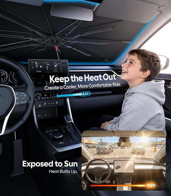 Wigoo Car Windshield Sun Shade Umbrella, A2 (49.2 * 25.8 in) | Universal, UV Block & Heat Insulation, Reinforced Shaft, Foldable Sunshade, Keeps Car Cool & Protects Interior - Image 2
