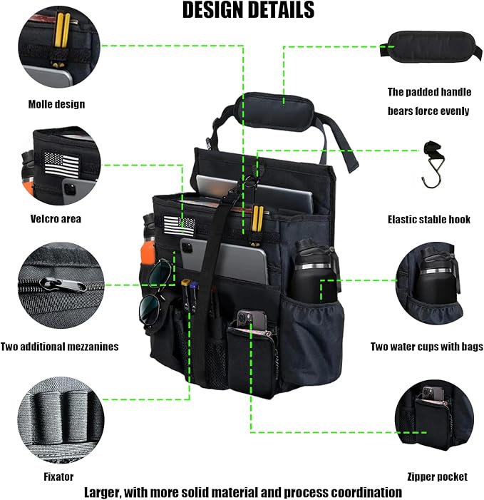 2 Pack Front or Seat back organizer seat side pocket with dedicated tablet and 17 IN laptop storage stabilizers external stabilizing side straps soft adjustable shoulder straps (Large Black) - Image 3