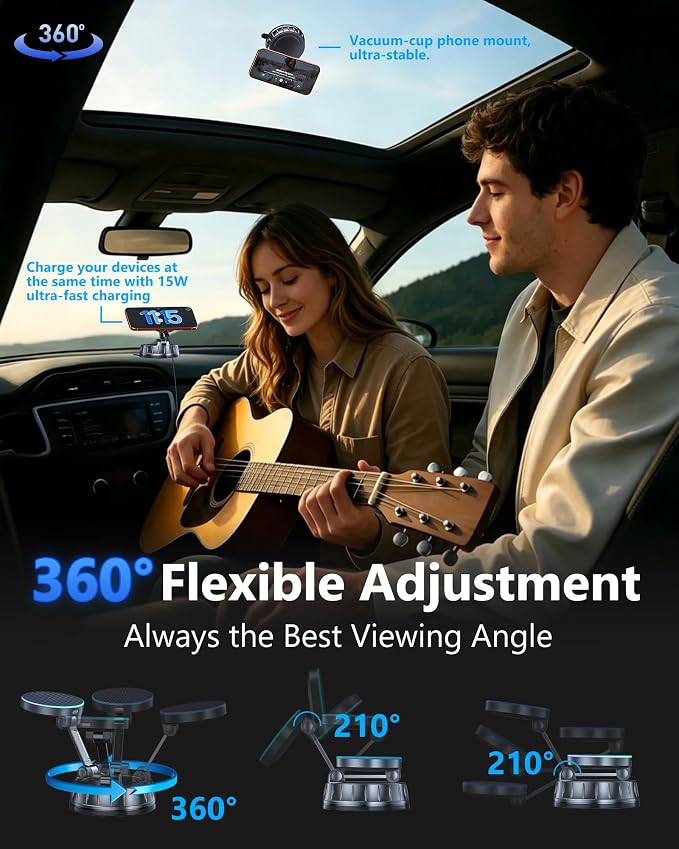 15W MagSafe Car Charger Mount, Magnetic Wireless Car Phone Holder with Dual Input Port, Vacuum Suction & Nano Adhesive Base, 360° Rotation Stable Car Charging Stand for iPhone 12-17, Samsung S26 - Image 4