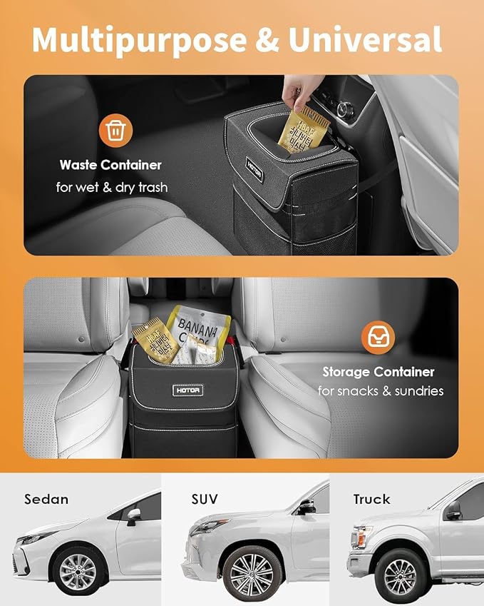 HOTOR Car Trash Can, Leak-Proof Car Organizer, Black | 2-Gallon, Storage Bag for Back, Front or Console of Cars, Sedans, SUVs & Trucks, Easy-to-Install Car Accessory for Interior - Image 7
