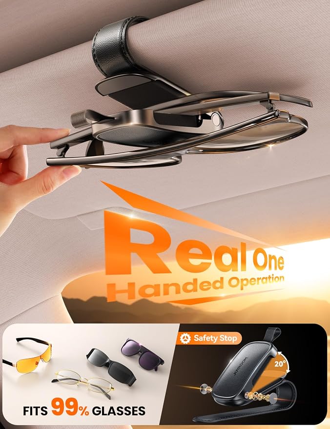 JOYROOM Magnetic Leather Sunglass Holder for Car Visor - 2 Pack (Black) | One hand magnetic glasses holder for car visor clip, Soft leather lining protects frames, fits all auto sunglasses. - Image 4