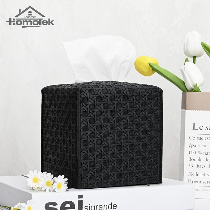 HOMOTEK 2 Pack Tissue Box Cover, Square PU Leather Tissue Holder, Decorative Facial Tissue Cube Paper Organizer Dispenser for Bathroom, Night Stands, Desk, Car 5X5X5'' - Rattan Weave,Dark Black - Image 3