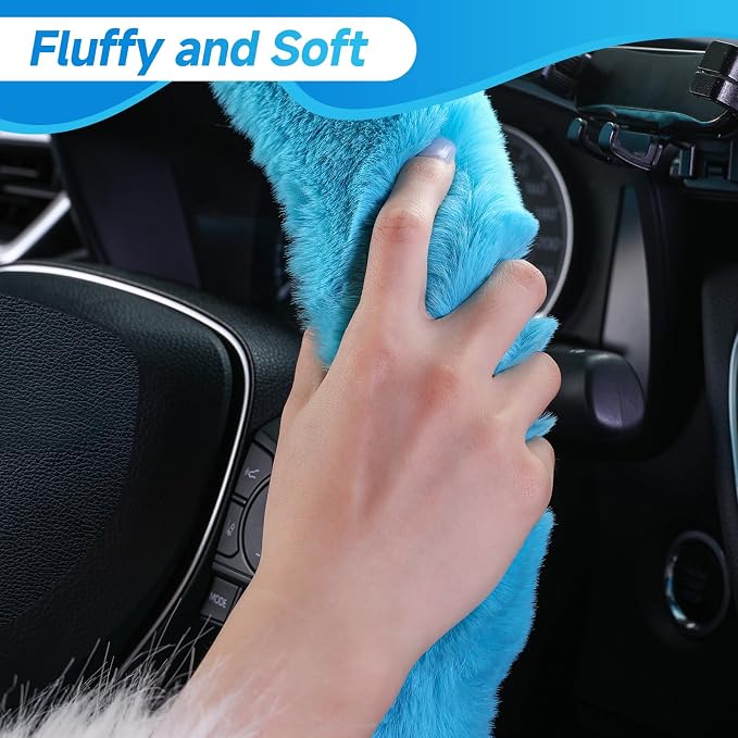 SEG Direct Fluffy Furry Steering Wheel Cover, Fuzzy Gear Shift Cover, Cyan | Gear Shift Cover, 2 PCS Set, Soft and Warm, Cute Fur Auto Car Decor, Standard Size 14.5- 15 inch for Women Men - Image 3