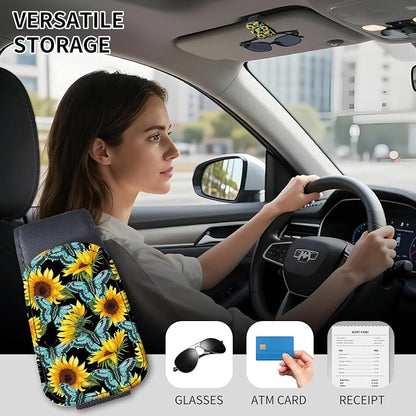 Sunglasses Holder for Car Visor, PU Leather Glasses Clip Organizer, Cute Magnetic Eyeglass Holder for Vehicle Sun Visor, Car Interior Accessory for Women & Men Sunflower Butterfly Field - Image 2