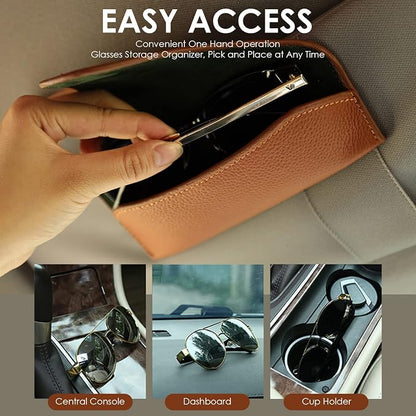 Magnetic Sunglass Holder for Car Visor, Leather Car Glasses Holder | Brown Visor Accessories Eyeglasses Holder Glasses Storage Case - Image 4