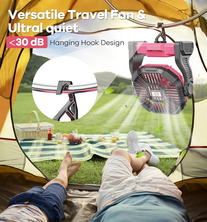 DOWILLDO 30000mAh Portable Battery Powered Camping Fan - with LED Light, Quiet Battery Operated, Camping Gear for Travel, Tent, Beach, Car or Hurricane Power Outages, Pink - Image 8