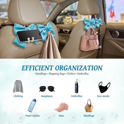 2 PCS Bow Pearl Car Seat Headrest Hook – Cute Purse Hook for Car, Girly Interior Decoration Accessories Hook Hanger, Seatback Holder for Purses & Bags, Elegant Car Organizer (Sky Blue) - Image 5